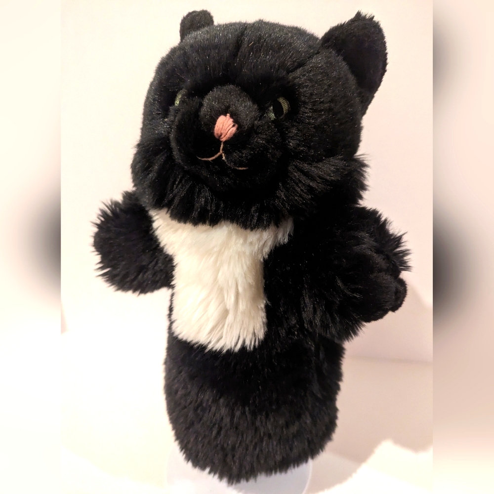 Fluffy Black Cat Hand Puppet Kitty Green Stitched Eyes